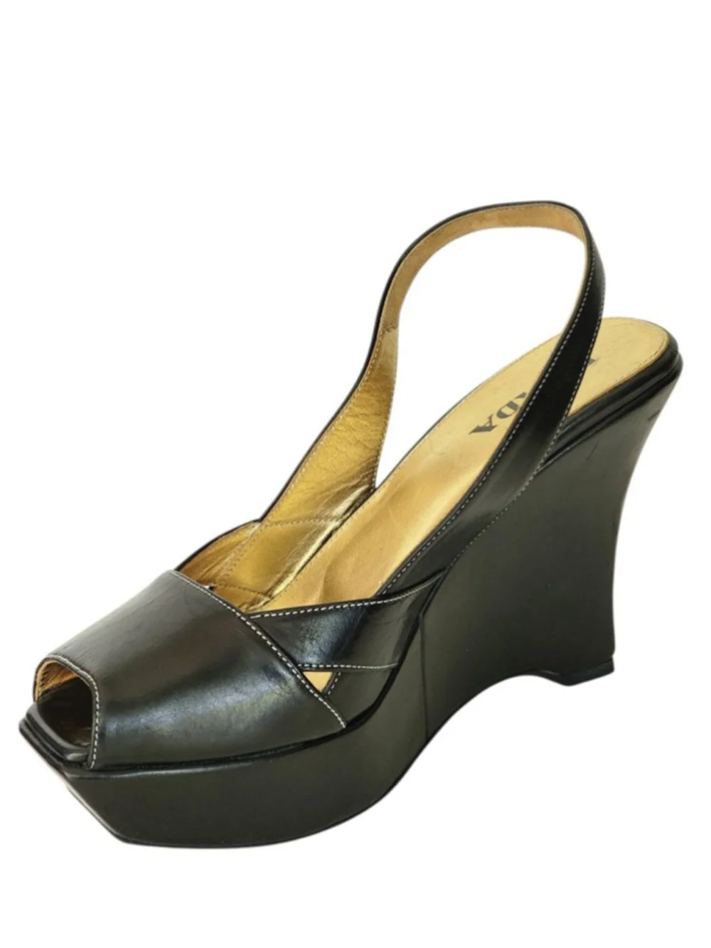 PRADA Black Square Peep Toe Platform Wedge Slingback‎ Sandals Size Size 36.5 6.5
